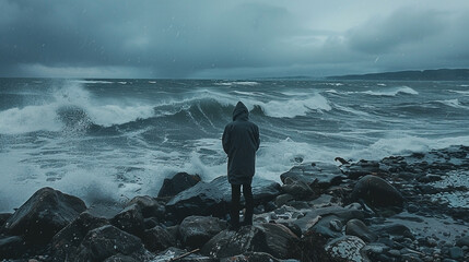 Stormy ocean scene; lone figure on rocky shore