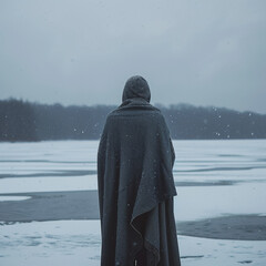 A solitary figure wrapped in a dark gray blanket stands on a frozen lake, overlooking a wintry landscape