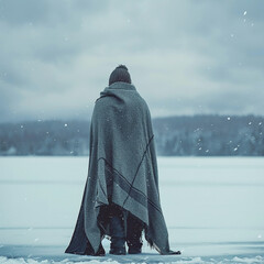 Person wrapped in blanket on snowy lake