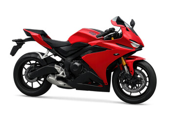 Red sport motorcycle with powerful engine on transparent background