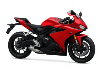Red sport motorcycle with powerful engine on transparent background
