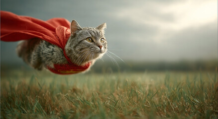 Gray cat with red cape, flying in a field