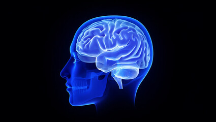 Glowing blue human brain and skull profile head