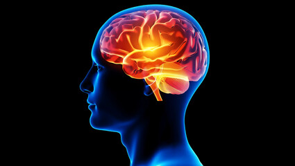 Obraz premium Glowing human brain anatomy in profile head