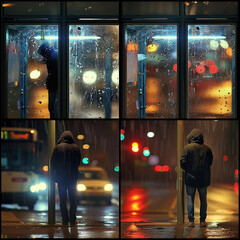 Four panels of a rainy night bus stop scene.  People waiting, wet city lights