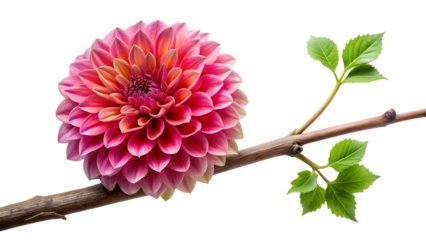 A stunning pink dahlia on a branch, isolated on transparent background, showcasing its intricate geometric petal arrangement and vibrant color against a clean backdrop