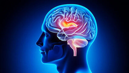 Glowing human brain with highlighted neural pathways head profile