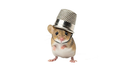 A small mouse wears a silver thimble on its head against a white background.