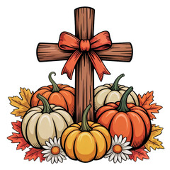 Thanksgiving Cross with Pumpkins and Autumn Flowers – Religious Harvest Fall Festival PNG Illustration