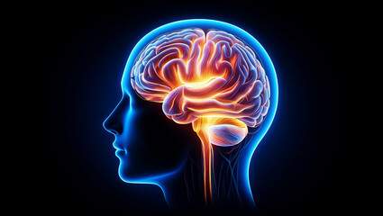 Glowing human brain with neural pathways and silhouette head