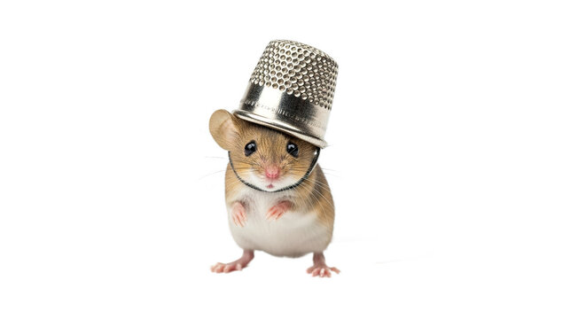 A small mouse wears a silver thimble on its head against a white background.