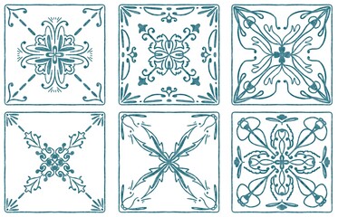 six tiles with blue watercolor patterns