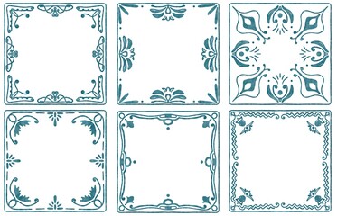 six tiles with blue watercolor patterns