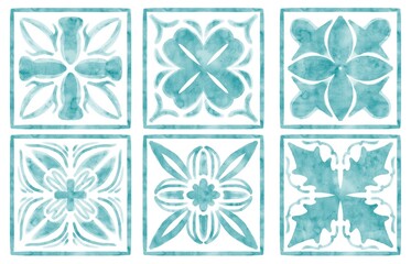 six tiles with blue watercolor patterns