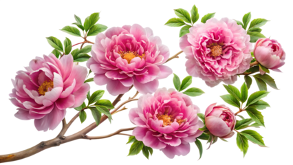 A branch adorned with delicate pink peonies isolated on transparent background, their petals unfurling in graceful layers, creating a captivating floral display of natural beauty