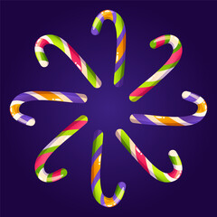 A round Halloween candy frame on a dark background. A wreath of striped candy canes and sweets. The template is perfect for party invitations or greeting cards.