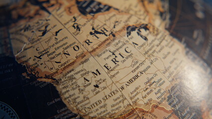 North America marked globe macro view. Geographical names illustrated on model