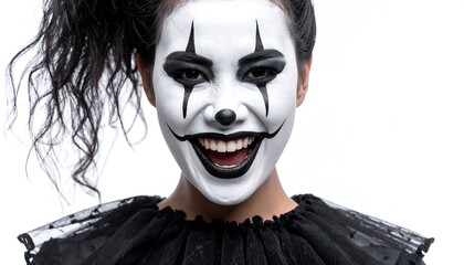 Close-up portrait of a woman with clown makeup