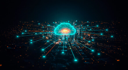 Cyan Cloud Icon with Network Pattern and Circular Data Grid