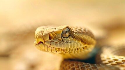 Fototapeta premium Closeup of a rattlesnakes head with intricate scale details and piercing eye