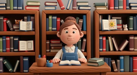 Claymation Woman Studying at a Desk in a Library.