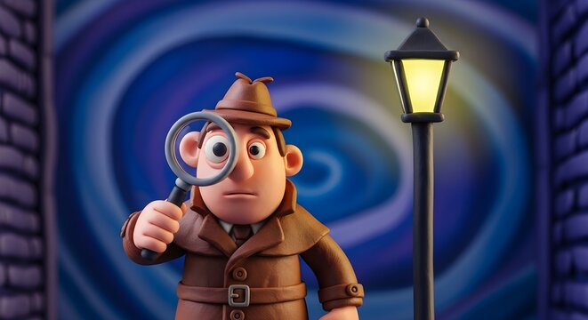 Claymation Detective Investigating a Mystery at Night.