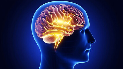 Glowing neural pathways within a human brain head profile