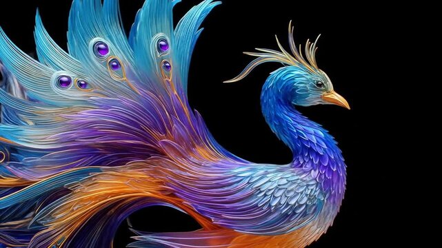 A vibrant, detailed illustration of a stylized peacock with intricate feather designs.