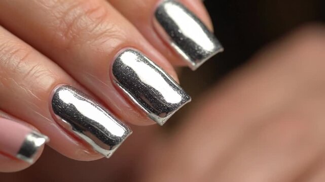 Close-up of a Woman's Hand Featuring Trendy Metallic Chrome Nail Art, a Modern Beauty Statement
