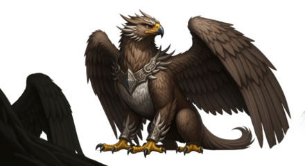 Digital illustration of a griffin with brown feathers and a white background.