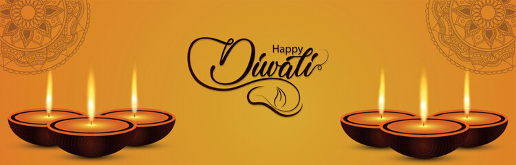 Happy Diwali With Diyas And Golden Lamps: Traditional Festival Of Lights And Joyful Celebration