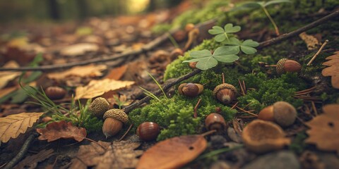 Close up of acorns and leaves on mossy ground in autumn forest landscape