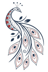 Elegant peacock illustration, showcasing intricate details and a harmonious blend of red and blue hues, creating a visually appealing design