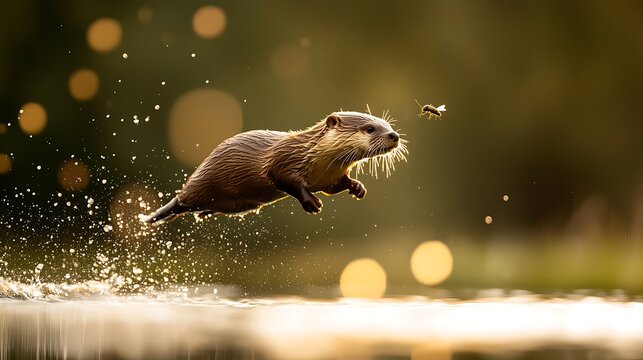 An otter leaps out of the water to catch an insect in a dynamic action shot