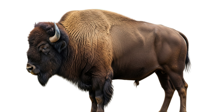 A large brown bison stands isolated on a white background facing left.