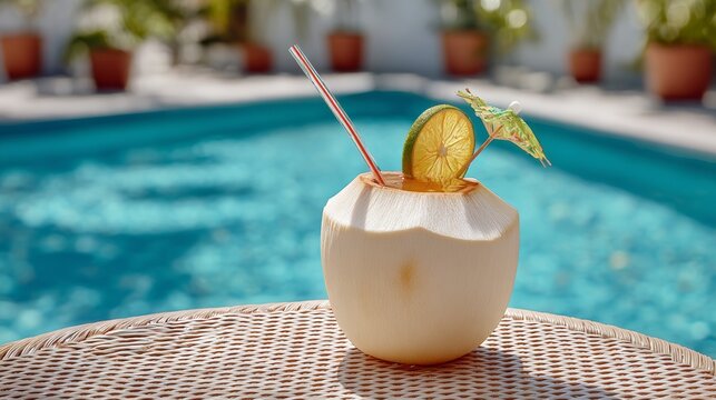 Coconut drink with a straw and a lime slice on top. The drink is sitting on a table next to a pool - Powered by Adobe