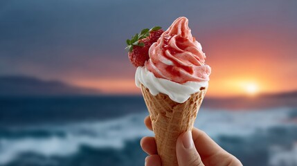 Hand holding a cone of ice cream with a strawberry on top. The image has a mood of relaxation and enjoyment, as the person is holding the ice cream in a beautiful, serene setting by the ocean