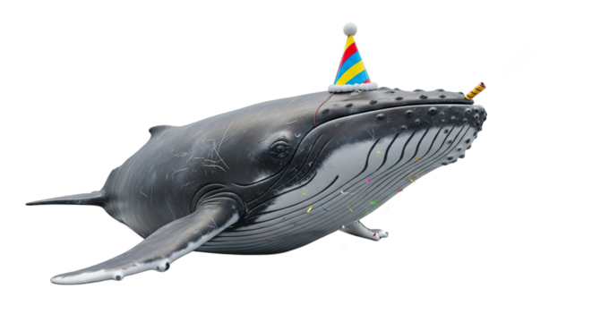 Whale wearing a party hat with confetti on white background.