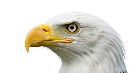 Obraz premium Bald eagle head close-up white feathers yellow beak intense gaze isolated.