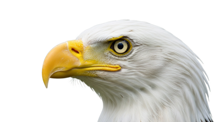 Bald eagle head close-up white feathers yellow beak intense gaze isolated.