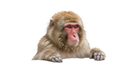 Monkey with brown fur and red face resting on a surface isolated.