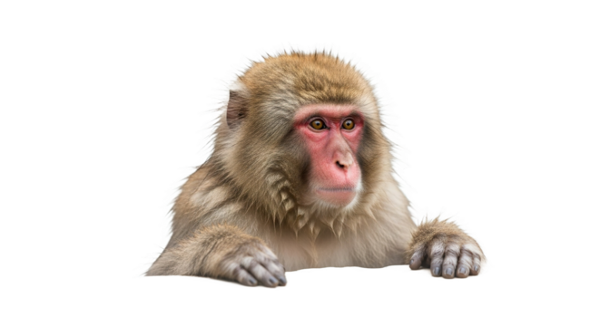 Monkey with brown fur and red face resting on a surface isolated.