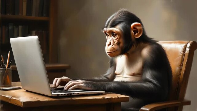 A curious monkey sits in a comfortable chair typing on a laptop in a cozy room filled with books. The warm lighting creates an inviting atmosphere that enhances the moment.