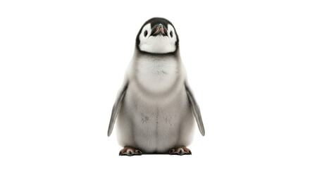 A single penguin chick stands centered against a plain white background.