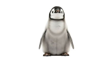 A single penguin chick stands centered against a plain white background.