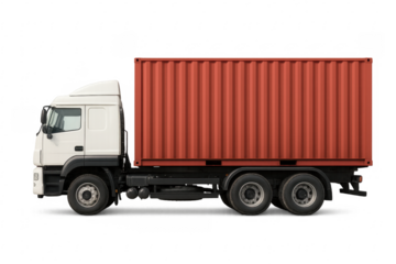 White truck carrying red shipping container for global shipping