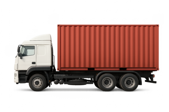White truck carrying red shipping container for global shipping
