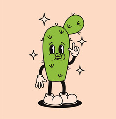 Cute groovy cactus character in retro style. Flat vector illustration.