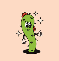 Cute groovy cactus character with flowers. Flat vector illustration.