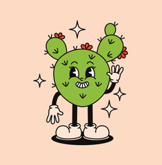Groovy cactus character with flowers in retro style. Flat vector illustration.